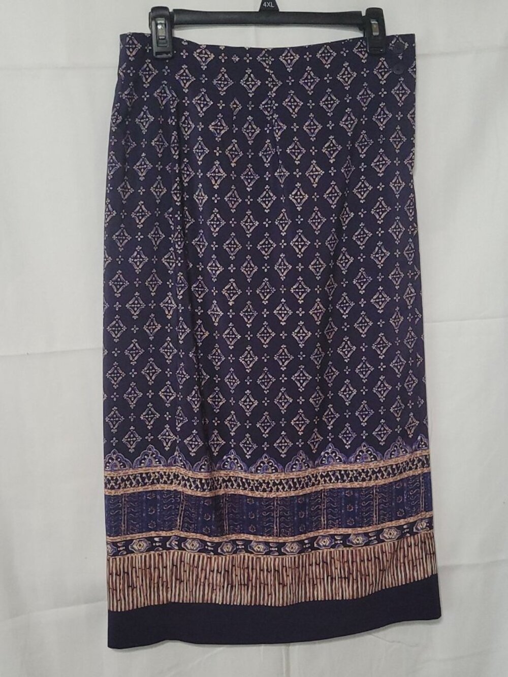 Vtg Lee David Collection Sz 10 Navy Midi Skirt Faux Wrap Boho Geometric Border P